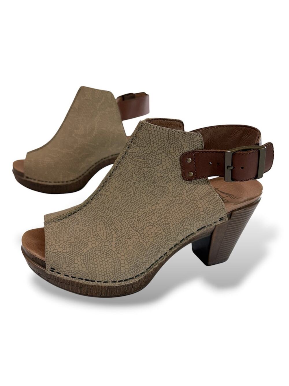 Dansko Reggie Taupe Lace Nubuck Leather Platform Peep Toe Sandals Sz 38